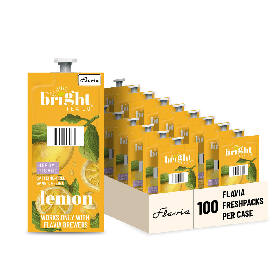 Flavia Bright Tea Co. Lemon Herbal Freshpack box for quick, pure-taste tea at home.
