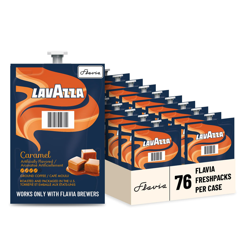 Close-up of Flavia Lavazza Caramel Freshpack highlighting bold single-serve flavor