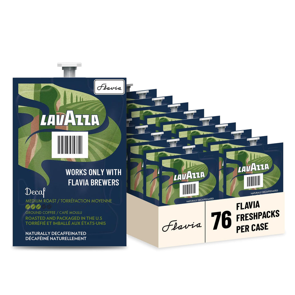 Box of Flavia Lavazza Decaf Freshpacks for convenient office brewing.