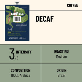 Close-up of Lavazza Decaf Freshpack showing 9 g coffee per pack for consistent strength.
