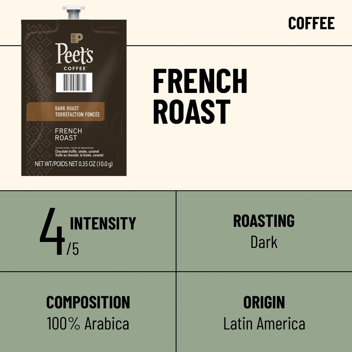 Flavia Peet’s French Roast Freshpack close-up; pure taste with pack-to-cup brewing.