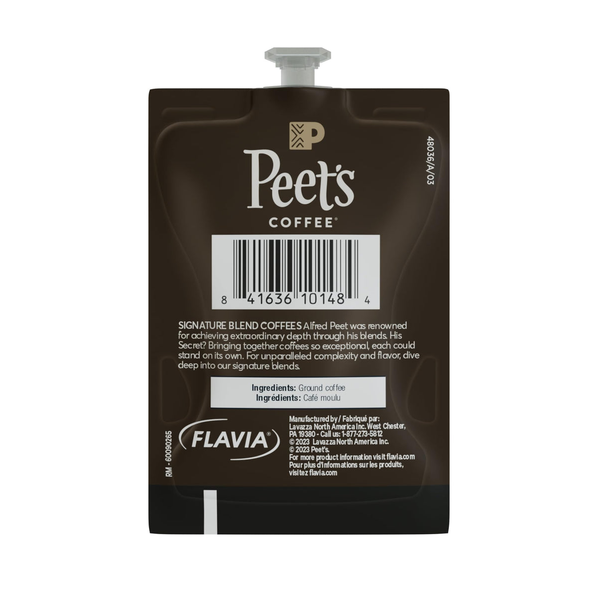 Flavia Peet’s French Roast Freshpack and steaming cup; ideal bold start.