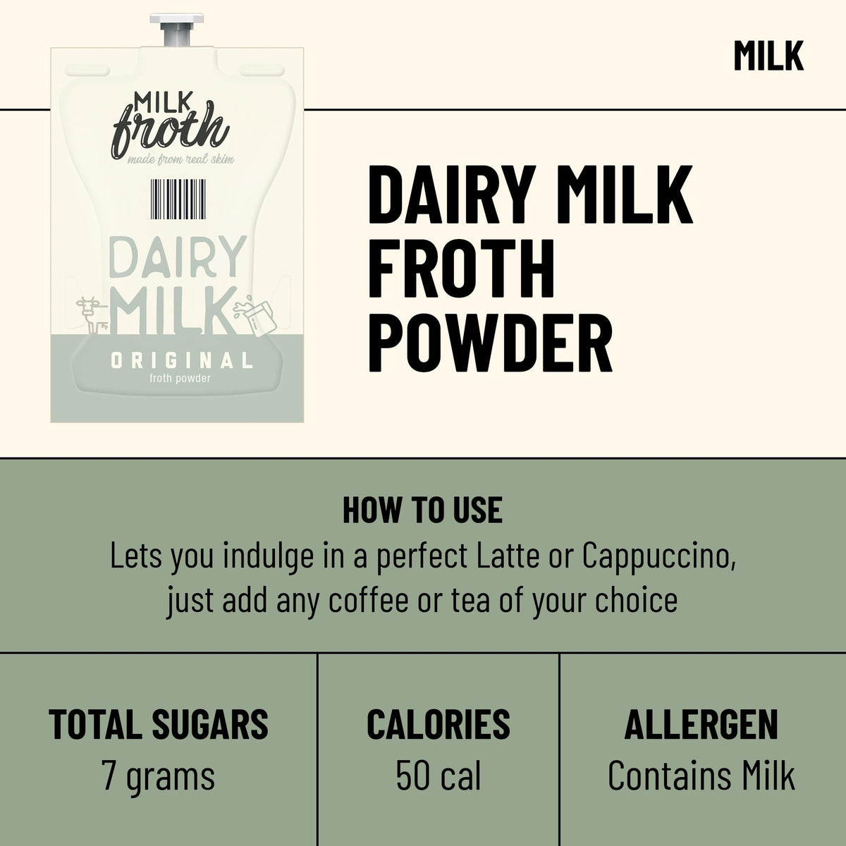 Flavia Real Milk Froth 72-pack display showing fresh single-serve sachets.