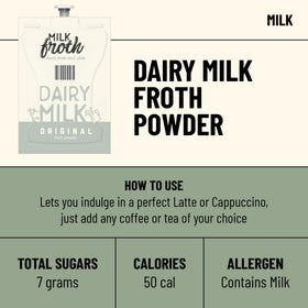 Flavia Real Milk Froth 72-pack display showing fresh single-serve sachets.