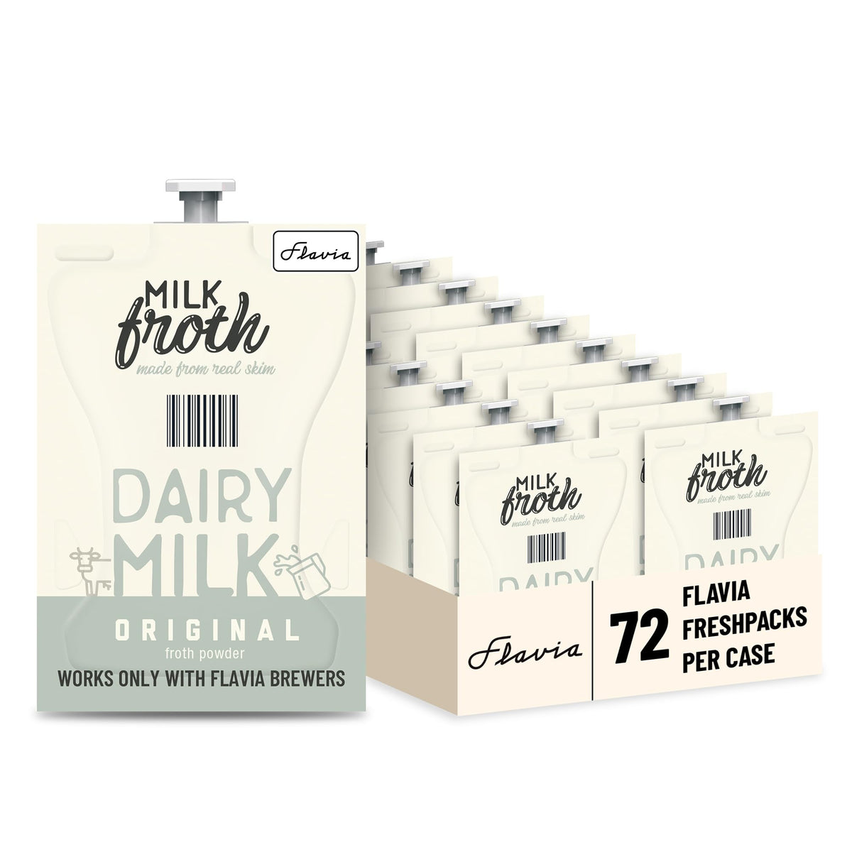 Flavia Real Milk Froth Pack front view suitable for Café-quality foam at home.
