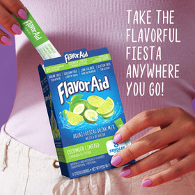 Flavor Aid Singles To Go cucumber lime display in travel context