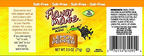 Flavor Mate No Salt Lemon Pepper jar closeup provides citrus brightness for poultry and vegetables.