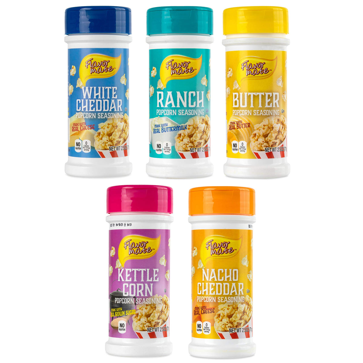 Flavor Mate Butter jar seasoning enhances rich popcorn flavor for home movie nights.