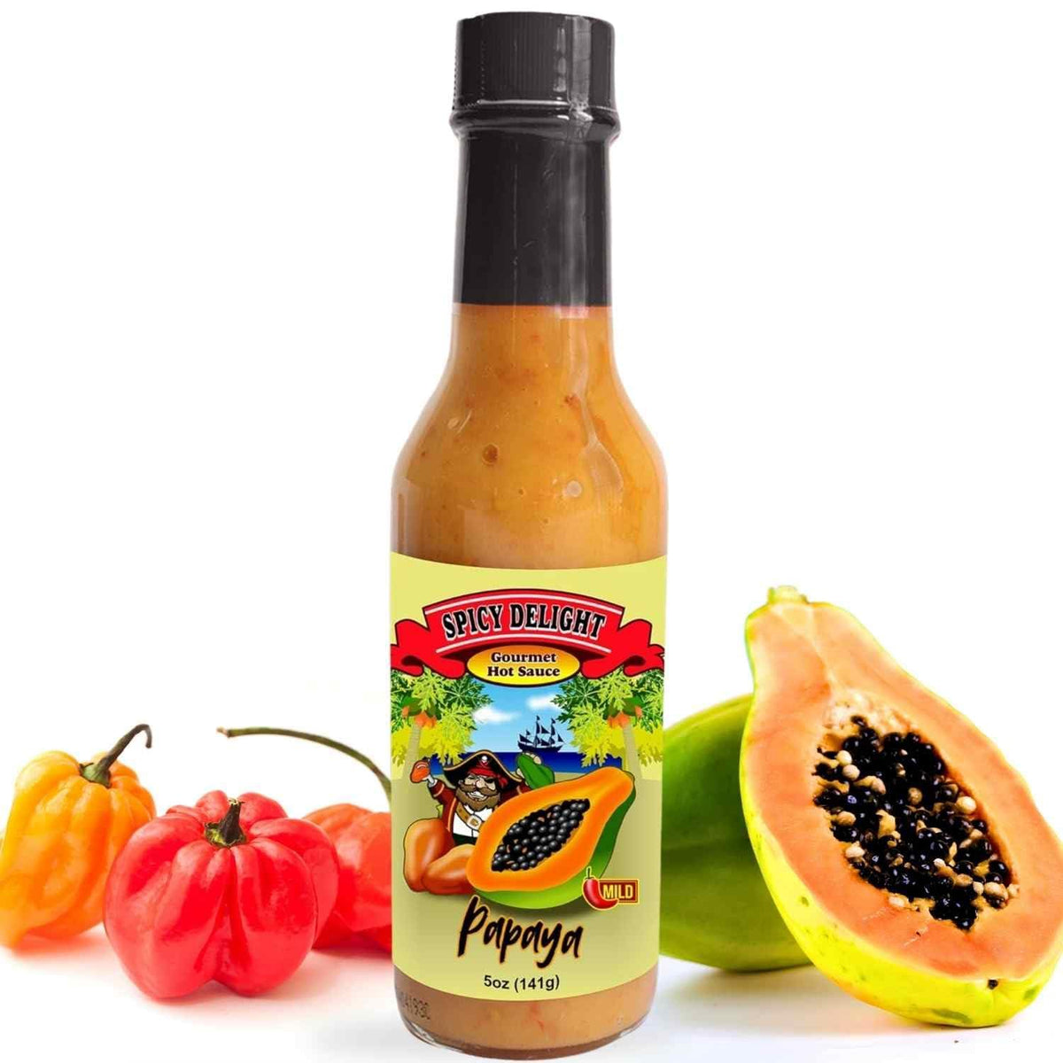 Flavor Pirate Spicy Delight bottle-front view highlighting Caribbean flavor.