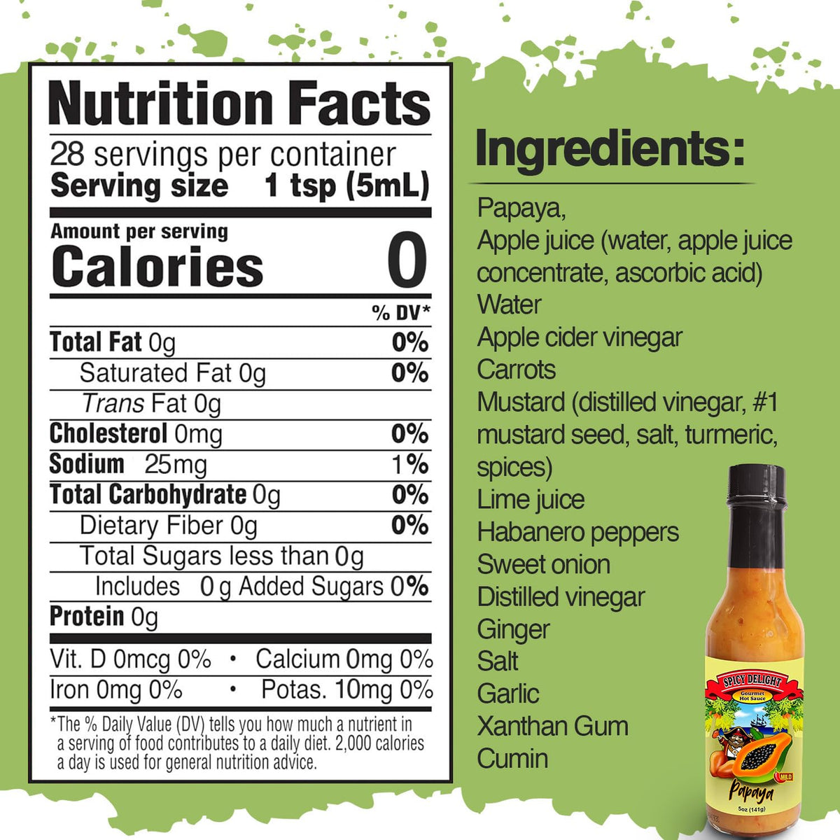 Flavor Pirate Spicy Delight ingredients-closeup featuring papaya and habanero for natural flavor.