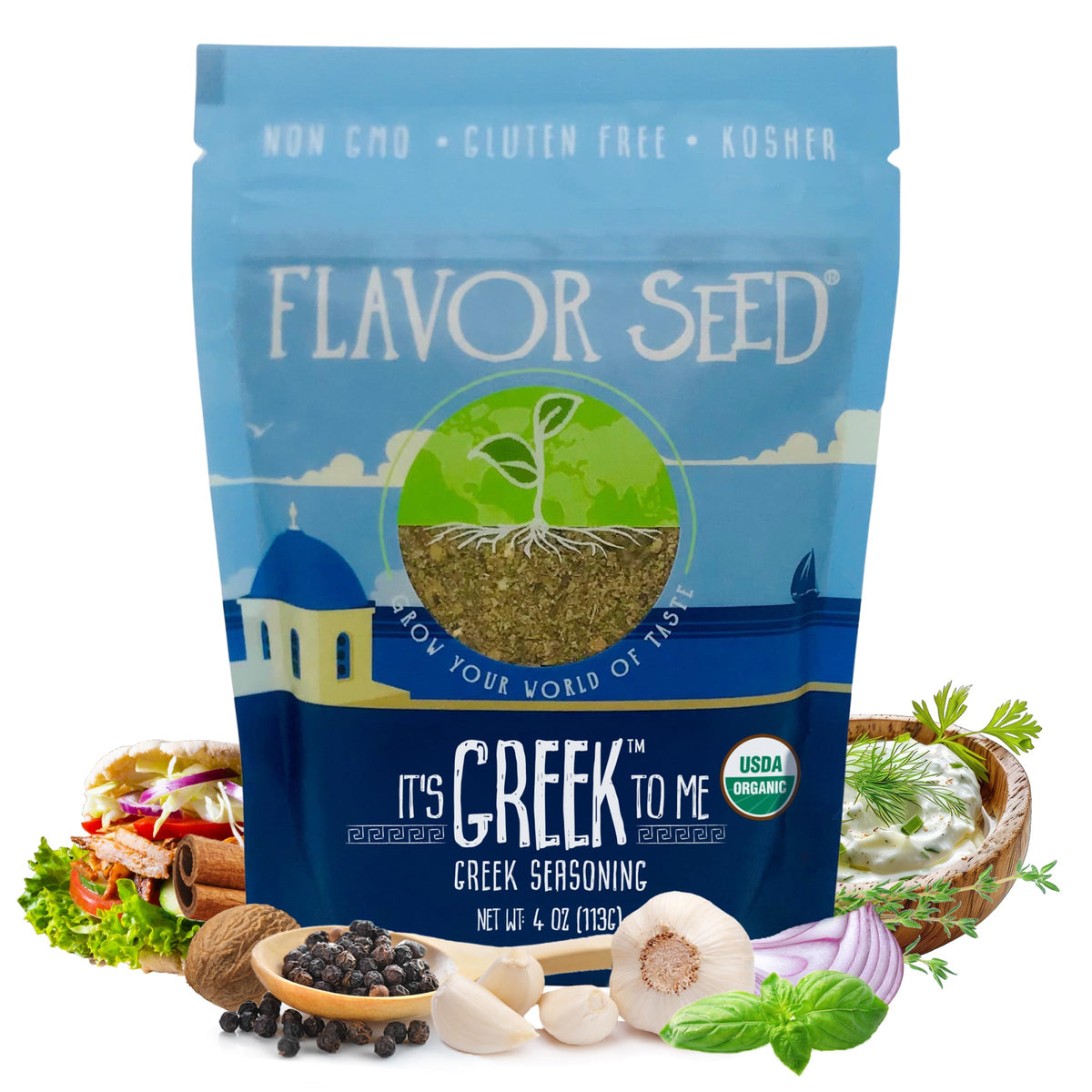 Flavor Seed It's Greek To Me bag front showing organic Greek seasoning for Greek-inspired meals