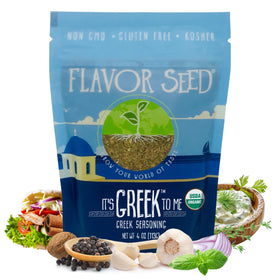 Flavor Seed It's Greek To Me bag front showing organic Greek seasoning for Greek-inspired meals