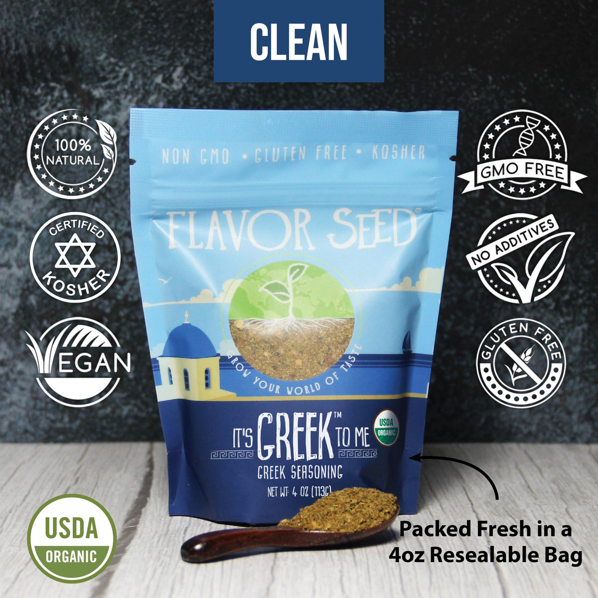 Flavor Seed It's Greek To Me spice blend label shows certified organic quality