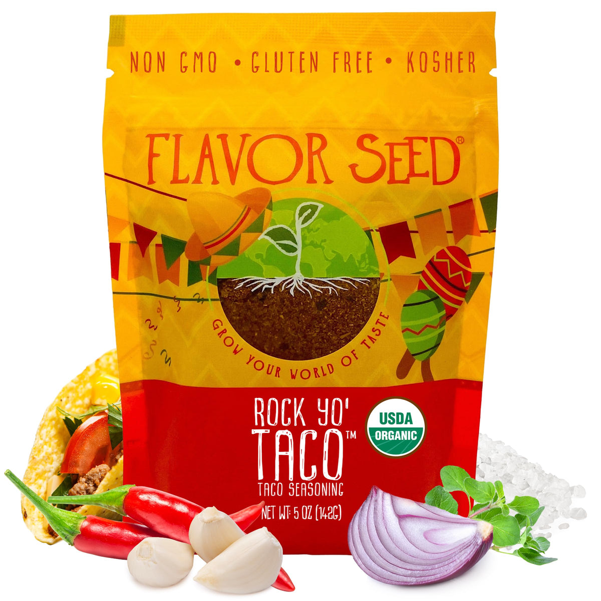 Flavor Seed Rock Yo Taco bottle front, organic seasoning for flavorful meals.