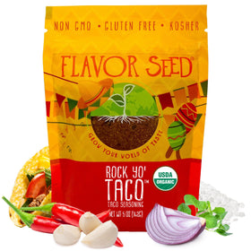 Flavor Seed Rock Yo Taco bottle front, organic seasoning for flavorful meals.