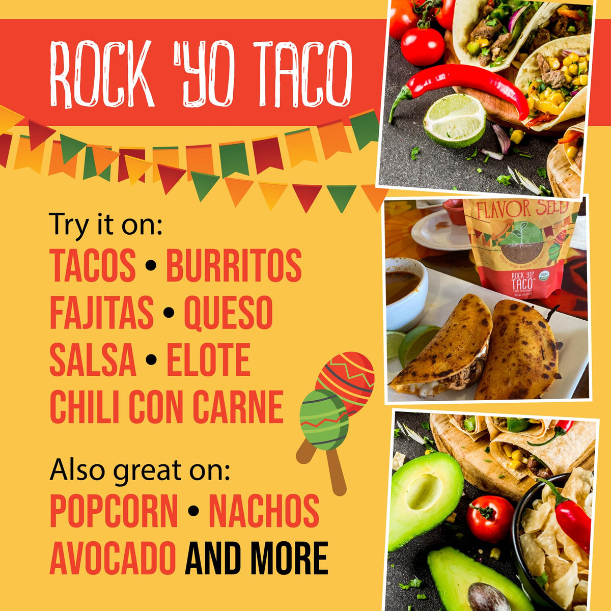 Flavor Seed Rock Yo Taco ingredients list, 11 simple organic ingredients.