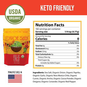 Flavor Seed Rock Yo Taco resealable pouch preserves freshness between uses.