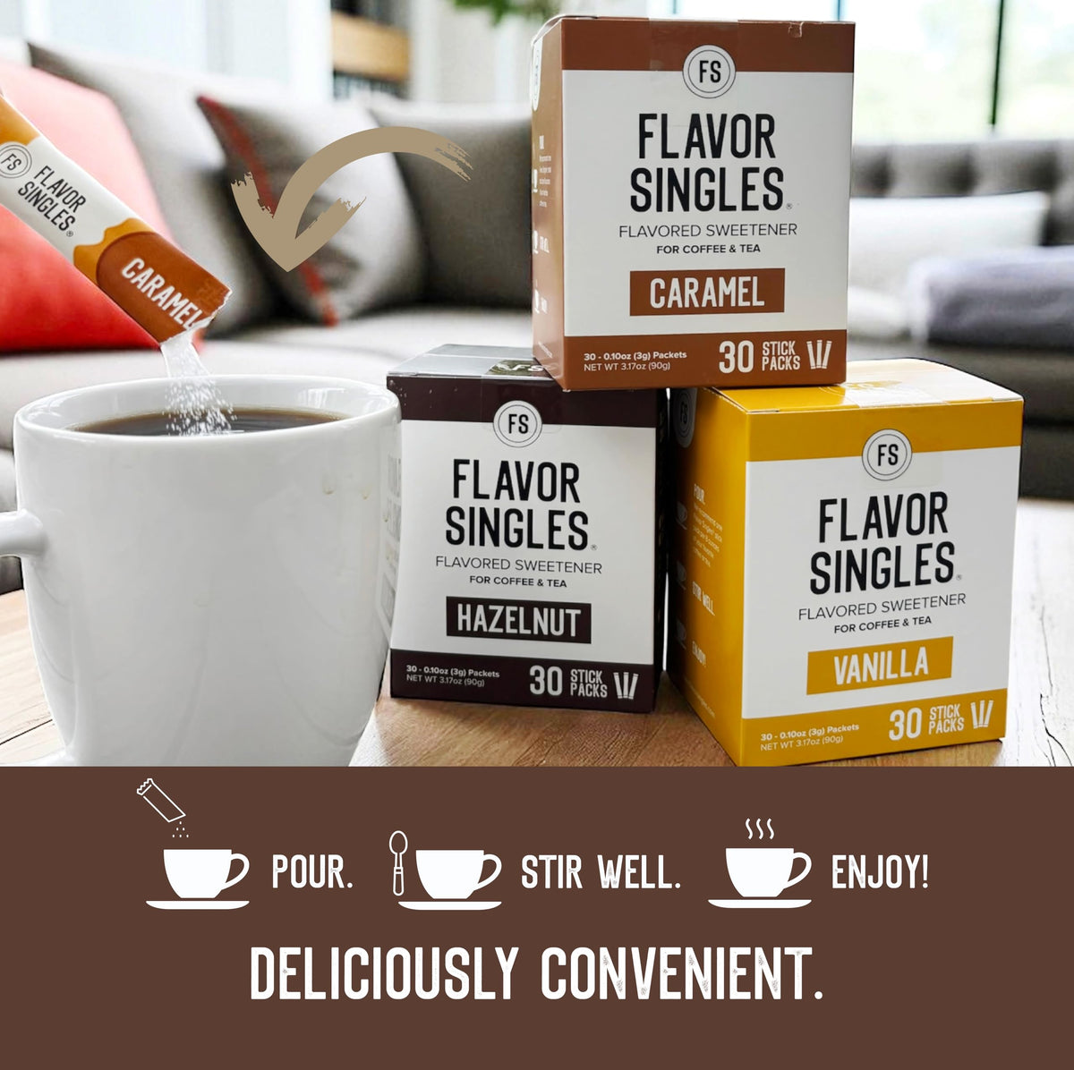Travel-friendly Flavor Singles pack shown beside a passport and mug.