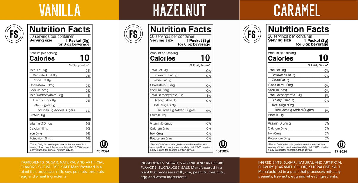 Vegan and gluten-free certification icons on Flavor Singles packaging.