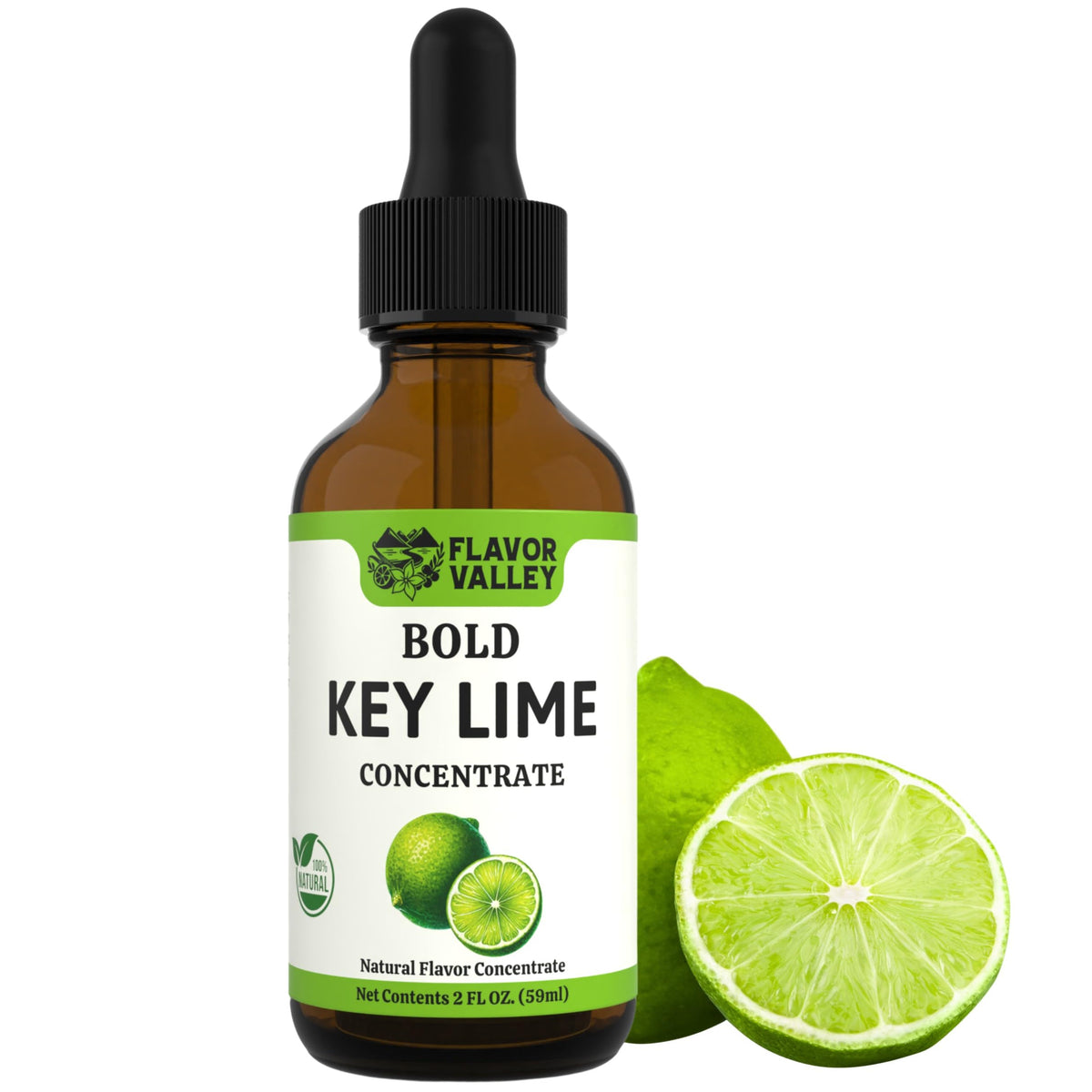 Flavor Valley Key Lime Concentrate bottle showcases bold real lime flavor for sodas.