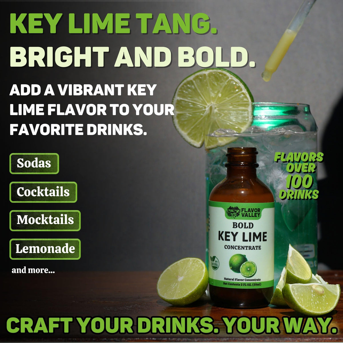 Close-up of Flavor Valley Key Lime Concentrate drops for precise flavor control.