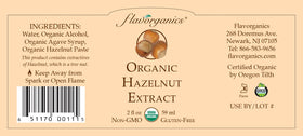 Flavorganics hazelnut extract label close-up highlighting organic sourcing and purity.