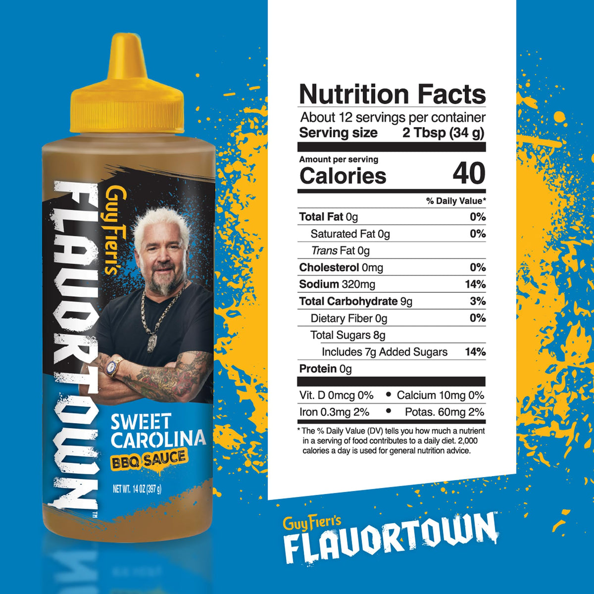 Flavortown Carolina Gold BBQ Sauce label closeup highlights gluten-free claim and mustard notes.