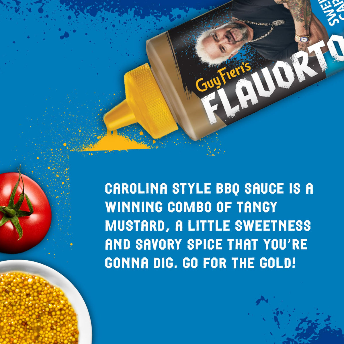 Flavortown Carolina Gold BBQ Sauce on pulled pork demonstrates tangy glaze potential.