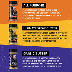 Flavortown Steak Blend bottle close-up for bold, juicy beef flavor