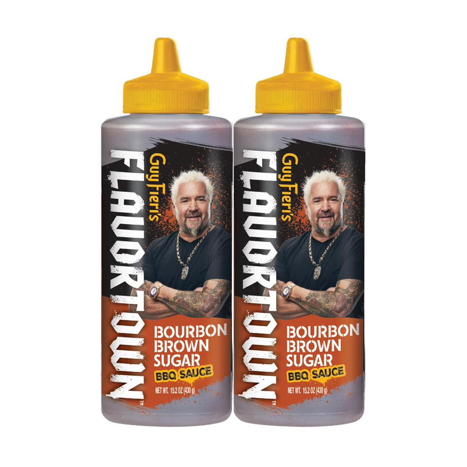 Flavortown Guy Fieri bourbon brown sugar BBQ sauce bottle ready to glaze meats