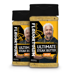 Flavortown Guy Fieri steak butter seasoning bottle ready to sprinkle on grilled steaks