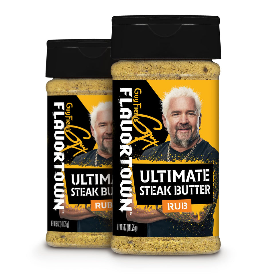 Flavortown Guy Fieri steak butter seasoning bottle ready to sprinkle on grilled steaks