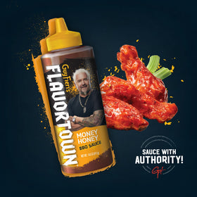 Flavortown Money Honey bottle with chicken wings for zesty dip