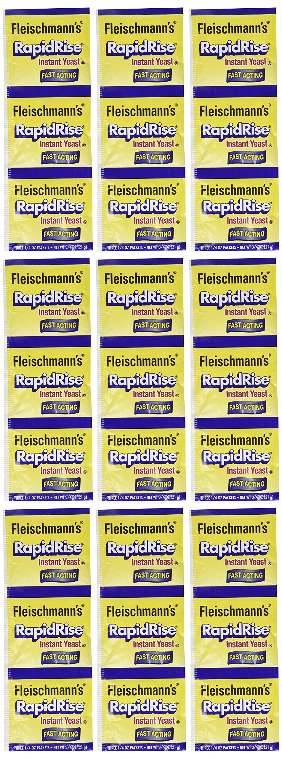 Fleischmann's RapidRise nine-envelope package for fast pizza dough preparation.