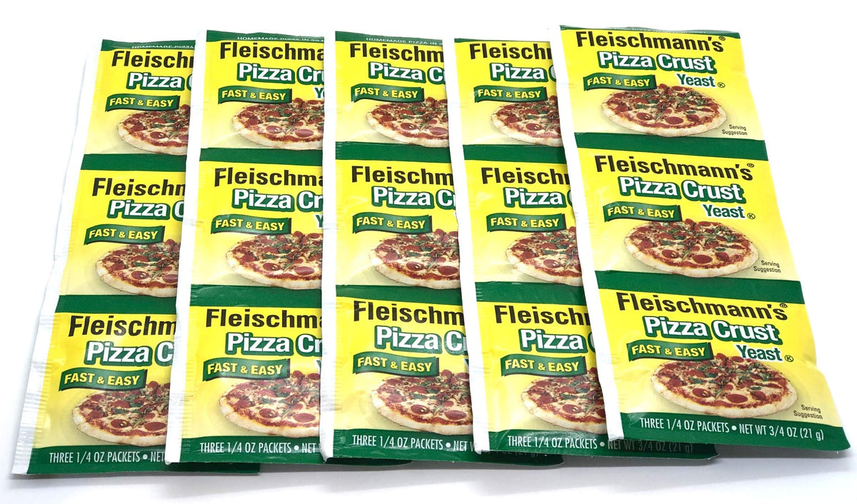 Close-up of Fleischmann's Yeast Pizza five-pack packaging for home baking.