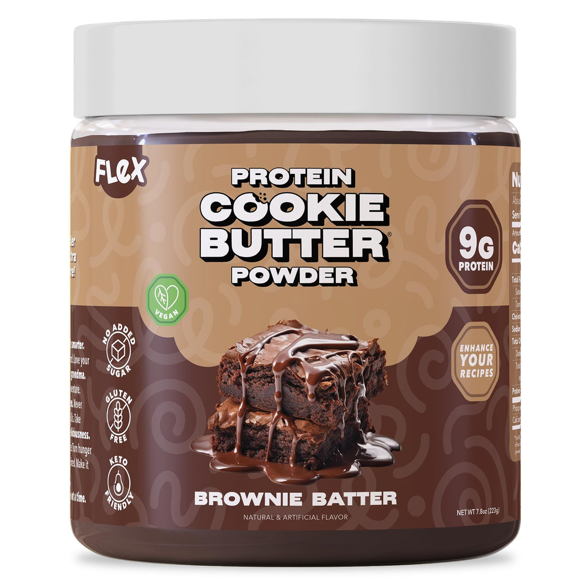 Flex Vegan Protein Cookie Butter Powder brownie batter jar close-up for dipping