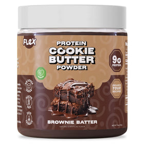 Flex Vegan Protein Cookie Butter Powder brownie batter jar close-up for dipping