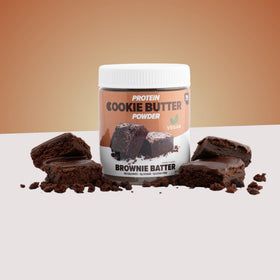 Flex Vegan Protein Cookie Butter Powder texture on spoon, ideal for spreading