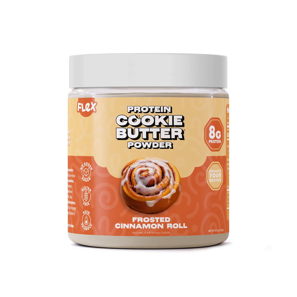 Flex Whey Cookie Butter Powder jar shows keto-friendly flavor