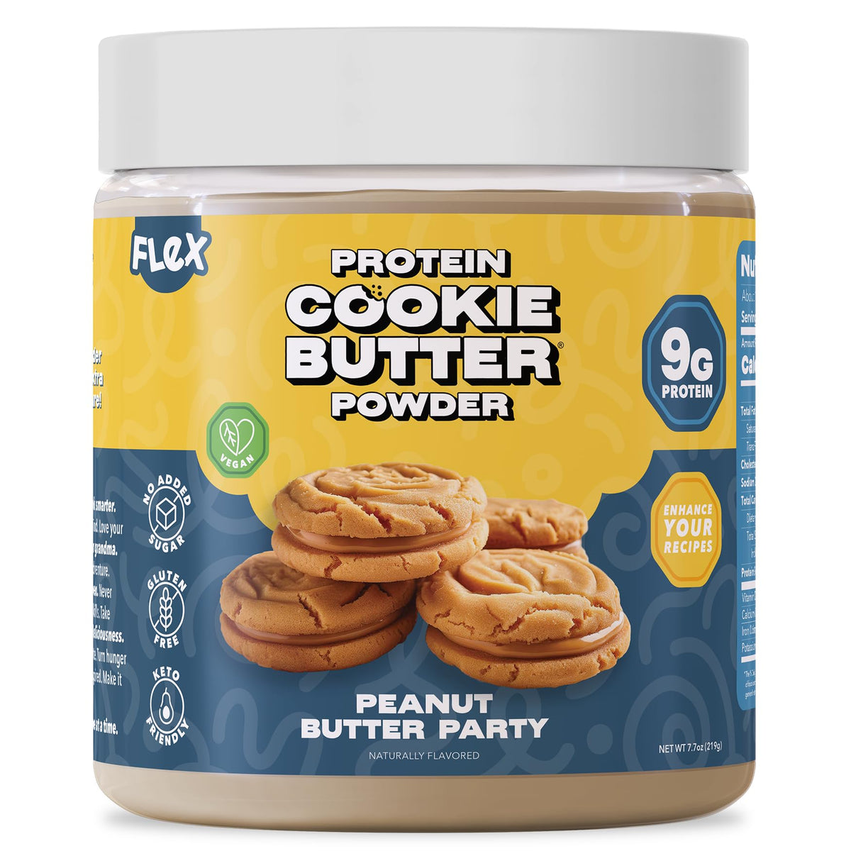 Flex Vegan Protein Cookie Butter Powder jar highlights peanut butter flavor and dairy-free option.