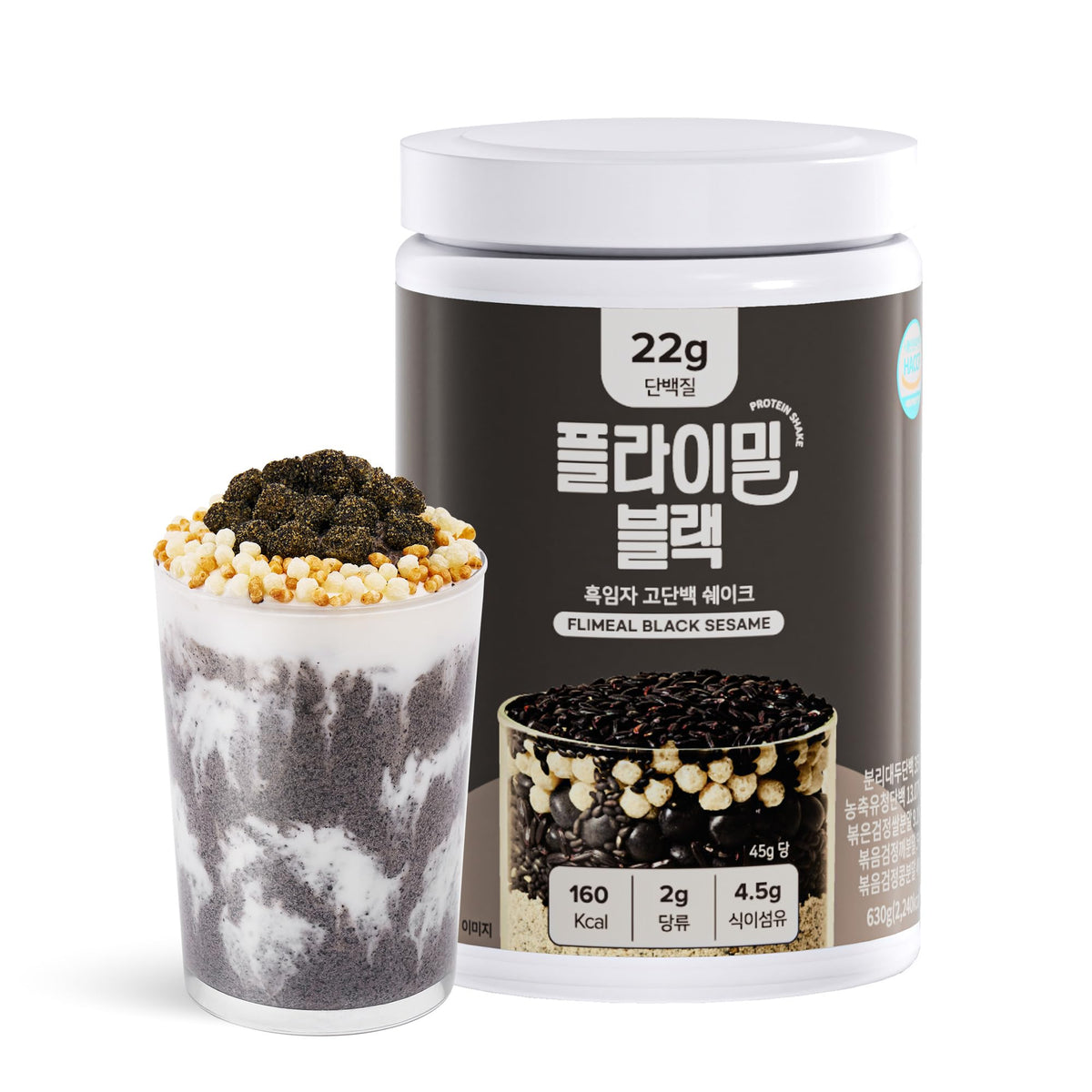 Flimeal Black Sesame Protein Shake with crunchy balls delivers a post-workout protein boost.