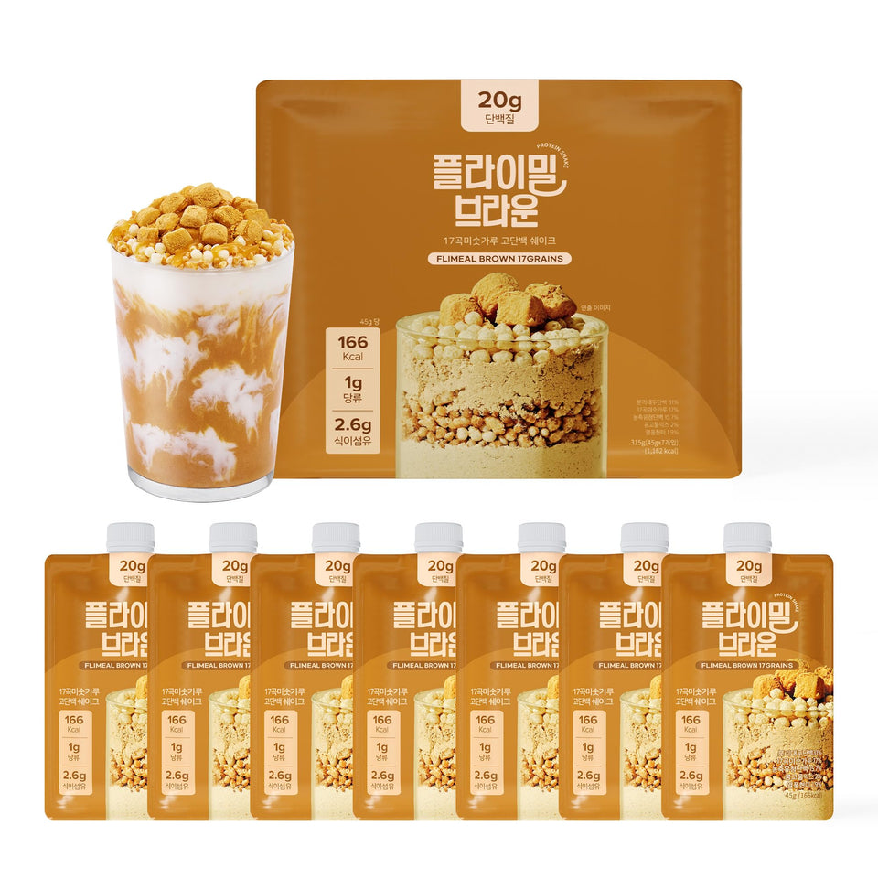 FLIMEAL Brown 17Grains shake packaging showing high-protein formula for on-the-go meals