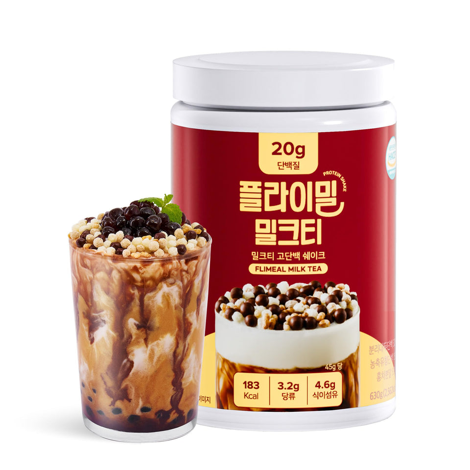 Flimeal Milk Tea Protein Shake with crunchy balls, front view for on-the-go energy.