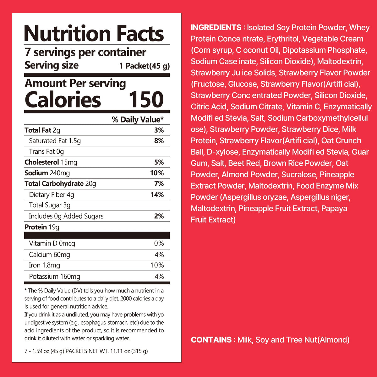 Flimeal strawberry protein shake pouch opened with crunchy balls visible.