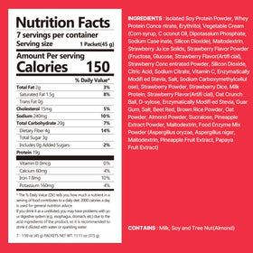 Flimeal strawberry protein shake pouch opened with crunchy balls visible.