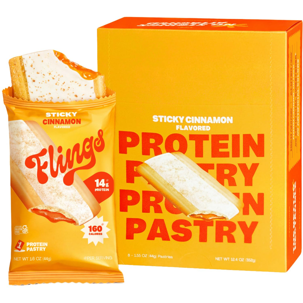 FLINGS Protein Pastries Sticky Cinnamon pack—grab-and-go snack with satisfying protein.