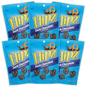 Flipz dark chocolate covered pretzels closeup showing glossy coating and crisp texture.