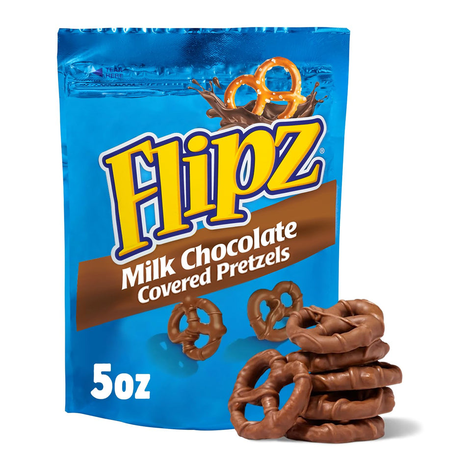 Flipz milk chocolate pretzels pack-front view, inviting snack for any occasion.
