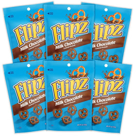 Flipz milk chocolate pretzels resealable-bag closeup; keeps crunch fresher between snacks.