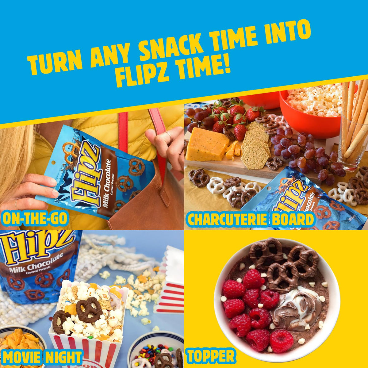 Flipz snack-plate-coffee; convenient pairing with a beverage.